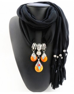 Triple Gem Waterdrops Pendant Fashion Scarf Necklace - Black