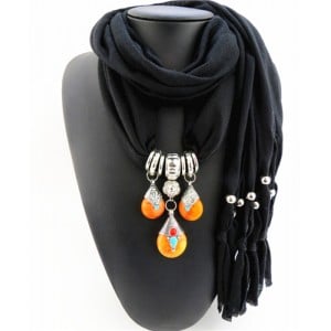 Triple Gem Waterdrops Pendant Fashion Scarf Necklace - Black