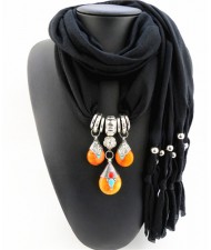 Triple Gem Waterdrops Pendant Fashion Scarf Necklace - Black