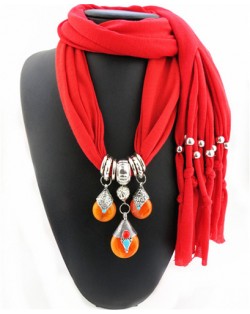 Triple Gem Waterdrops Pendant Fashion Scarf Necklace - Red