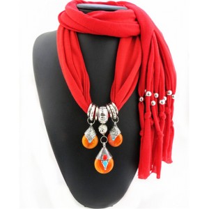 Triple Gem Waterdrops Pendant Fashion Scarf Necklace - Red