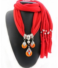 Triple Gem Waterdrops Pendant Fashion Scarf Necklace - Red