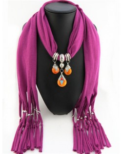 Triple Gem Waterdrops Pendant Fashion Scarf Necklace - Fuchsia