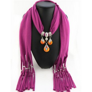 Triple Gem Waterdrops Pendant Fashion Scarf Necklace - Fuchsia