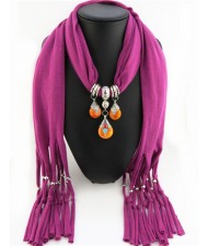 Triple Gem Waterdrops Pendant Fashion Scarf Necklace - Fuchsia