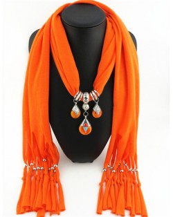 Triple Gem Waterdrops Pendant Fashion Scarf Necklace - Orange