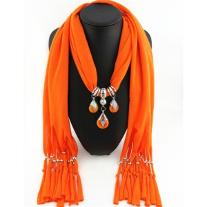 Triple Gem Waterdrops Pendant Fashion Scarf Necklace - Orange