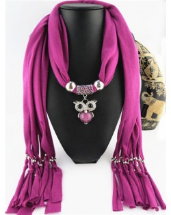 Cute Alloy Owl Pendant Fashion Scarf Necklace - Fuchsia