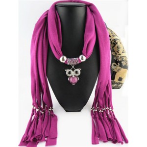 Cute Alloy Owl Pendant Fashion Scarf Necklace - Fuchsia