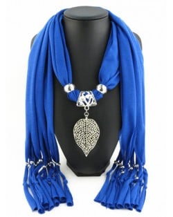Refined Hollow Leaf Pendant Fashion Scarf Necklace - Royal Blue