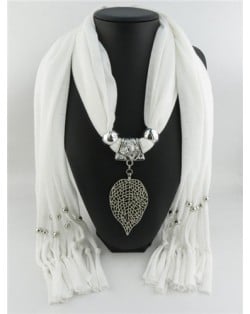 Refined Hollow Leaf Pendant Fashion Scarf Necklace - White