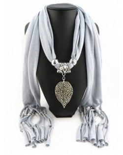 Refined Hollow Leaf Pendant Fashion Scarf Necklace - Gray