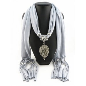 Refined Hollow Leaf Pendant Fashion Scarf Necklace - Gray