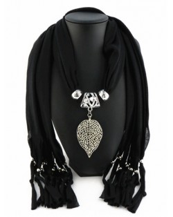 Refined Hollow Leaf Pendant Fashion Scarf Necklace - Black