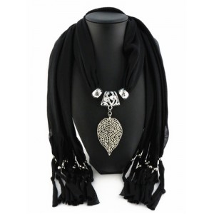 Refined Hollow Leaf Pendant Fashion Scarf Necklace - Black