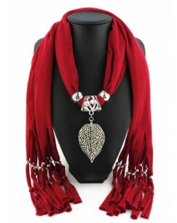 Refined Hollow Leaf Pendant Fashion Scarf Necklace - Dark Red