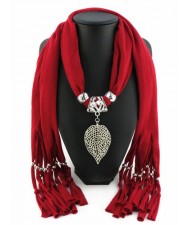 Refined Hollow Leaf Pendant Fashion Scarf Necklace - Dark Red