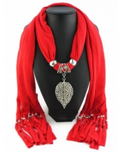 Refined Hollow Leaf Pendant Fashion Scarf Necklace - Red