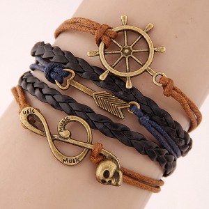 Helm Arrow and Skull Musical Notation Pendants Multi-layer Weaving Fashoion Bracelet