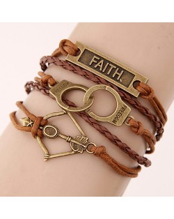 Faith Plate Handcuffs and Bow Pendants Multi-layer Weaving Fashoion Bracelet