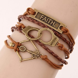 Faith Plate Handcuffs and Bow Pendants Multi-layer Weaving Fashoion Bracelet