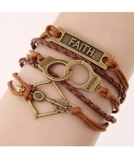 Faith Plate Handcuffs and Bow Pendants Multi-layer Weaving Fashoion Bracelet