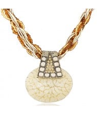 Bohemian Fashion Rhinestone Decorated Elegant Stone Pendant Mini Weaving Beads Necklace - Beige