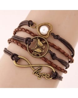 Vintage Love Birds Infinite Hope and Pearl Inlaid Heart Pendants Multi-layer Weaving Fashoion Bracelet