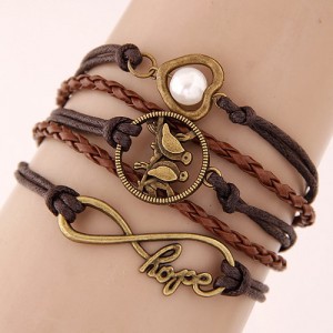 Vintage Love Birds Infinite Hope and Pearl Inlaid Heart Pendants Multi-layer Weaving Fashoion Bracelet