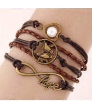 Vintage Love Birds Infinite Hope and Pearl Inlaid Heart Pendants Multi-layer Weaving Fashoion Bracelet