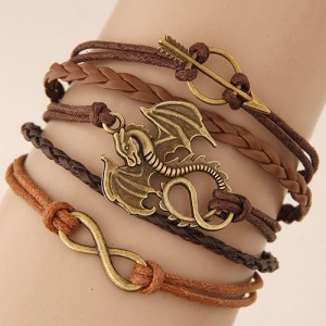 Vintage Flying Dragon Arrow and Infinite Symbol Pendants Multi-layer Weaving Fashion Bracelet