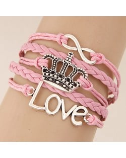 Crown Love and Infinite Symbol Pendants Multi-layer Weaving Fashion Bracelet - Pink