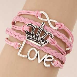 Crown Love and Infinite Symbol Pendants Multi-layer Weaving Fashion Bracelet - Pink