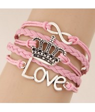 Crown Love and Infinite Symbol Pendants Multi-layer Weaving Fashion Bracelet - Pink