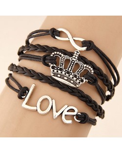 Crown Love and Infinite Symbol Pendants Multi-layer Weaving Fashion Bracelet - Brown