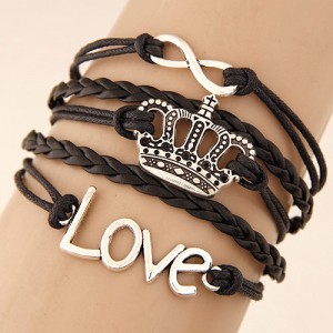 Crown Love and Infinite Symbol Pendants Multi-layer Weaving Fashion Bracelet - Brown