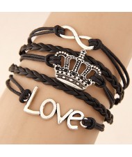 Crown Love and Infinite Symbol Pendants Multi-layer Weaving Fashion Bracelet - Brown
