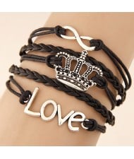Crown Love and Infinite Symbol Pendants Multi-layer Weaving Fashion Bracelet - Brown