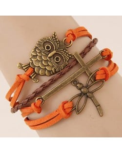 Owl Cross and Dragonfly Pendants Multi-layer Weaving Fashion Orange Bracelet