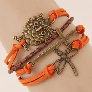 Owl Cross and Dragonfly Pendants Multi-layer Weaving Fashion Orange Bracelet