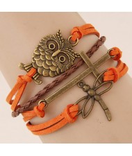 Owl Cross and Dragonfly Pendants Multi-layer Weaving Fashion Orange Bracelet