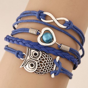 Owl Heart and Infinite Symbol Multi-layer Weaving Fashion Blue Bracelet
