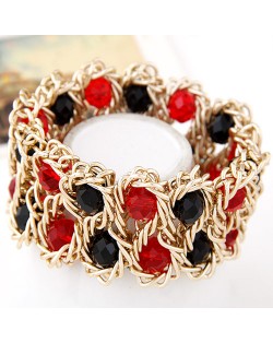 Bold Crystal Gems Inlaid Weaving Alloy Wire Dual Layer Fashion Bracelet - Red and Black