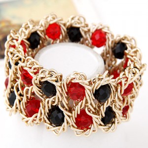 Bold Crystal Gems Inlaid Weaving Alloy Wire Dual Layer Fashion Bracelet - Red and Black