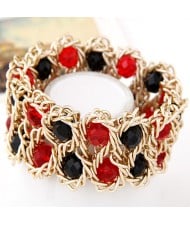 Bold Crystal Gems Inlaid Weaving Alloy Wire Dual Layer Fashion Bracelet - Red and Black