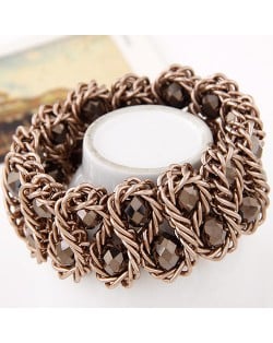 Bold Crystal Gems Inlaid Weaving Alloy Wire Dual Layer Fashion Bracelet - Coffee