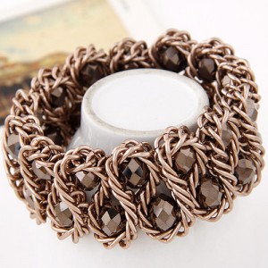 Bold Crystal Gems Inlaid Weaving Alloy Wire Dual Layer Fashion Bracelet - Coffee
