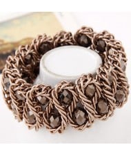 Bold Crystal Gems Inlaid Weaving Alloy Wire Dual Layer Fashion Bracelet - Coffee