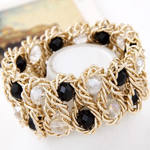 Bold Crystal Gems Inlaid Weaving Alloy Wire Dual Layer Fashion Bracelet - Black and White
