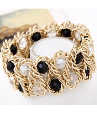 Bold Crystal Gems Inlaid Weaving Alloy Wire Dual Layer Fashion Bracelet - Black and White